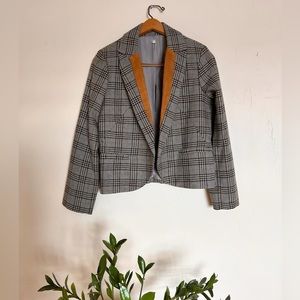 Cropped plaid wool blazer, jacket, fitted, lined, faux suede collar, small